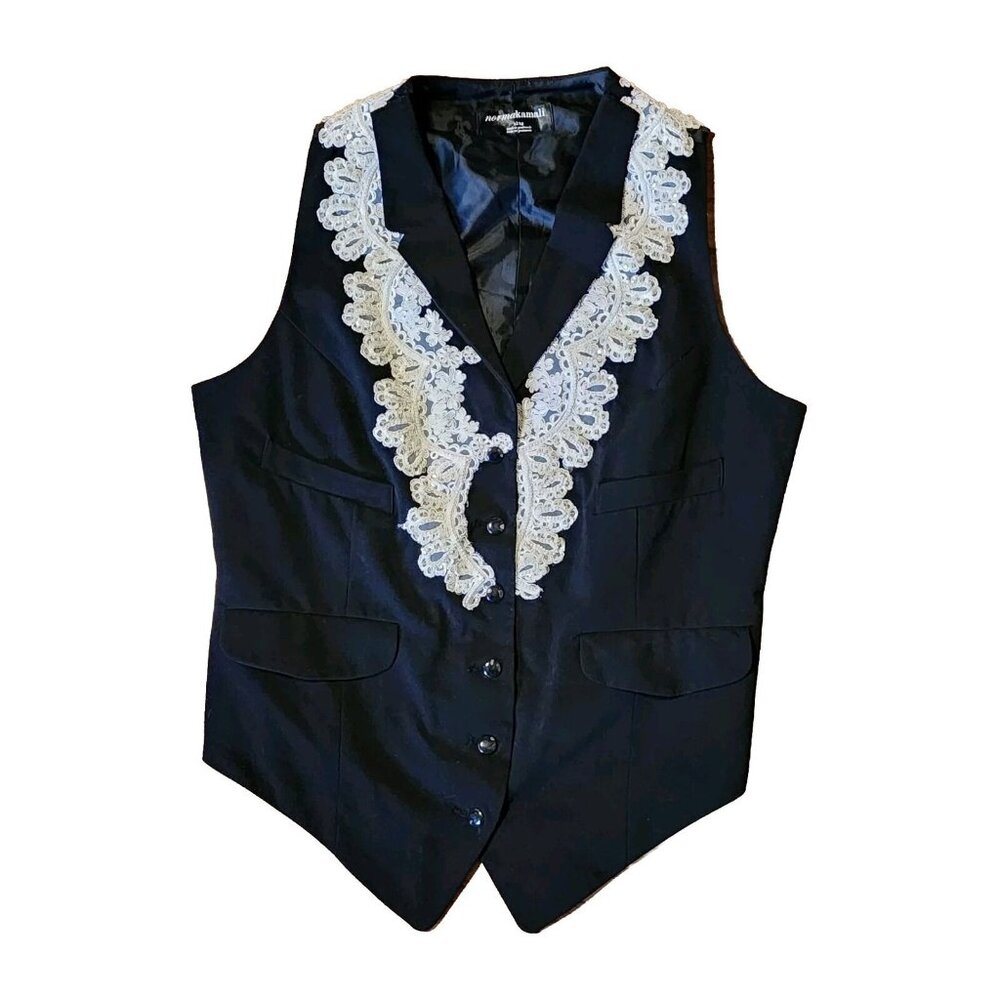 NORMA KAMALI Black White Embroidered Beaded‎ Detail Sleeveless Vest Womens XL